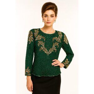LAURENCE KAZAR shirt top blouse green XXL beaded sequins formal party evening